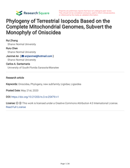 Phylogeny of Terrestrial Isopods Based on the Complete Mitochondrial Genomes, Subvert the Monophyly of Oniscidea