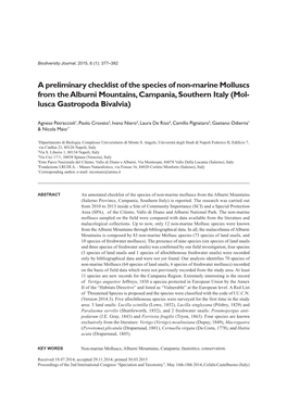 A Preliminary Checklist of the Species of Non-Marine Molluscs from the Alburni Mountains, Campania, Southern Italy (Mol- Lusca Gastropoda Bivalvia)