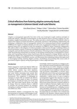 Critical Reflections from Fostering Adaptive Community-Based, Co-Management in Solomon Islands’ Small-Scale Fisheries