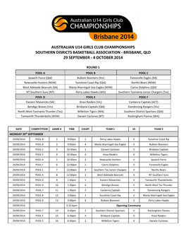 Australian U14 Girls Club Championships Southern Disricts Basketball Association - Brisbane, Qld 29 September - 4 October 2014