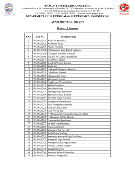 PRAGATI ENGINEERING COLLEGE (Approved by AICTE, Permanently Affiliated to JNTUK Kakinada & Accredited by NAAC 'A' Grade) # 1-378, ADB Road, Surampalem, E.G