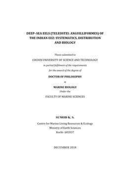 Deep–Sea Eels (Teleostei: Anguilliformes) of the Indian Eez: Systematics, Distribution and Biology