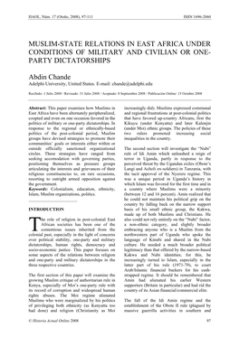 Muslim-State Relations in East Africa Under Conditions of Military and Civilian Or One- Party Dictatorships