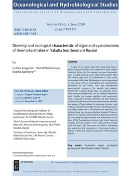 Diversity and Ecological Characteristic of Algae and Cyanobacteria of Thermokarst Lakes in Yakutia (Northeastern Russia) by Abstract