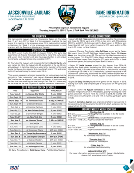 Jacksonville Jaguars Game Information 1 Tiaa Bank Field Drive Jaguars.Com | @Jaguars Jacksonville, Fl 32202