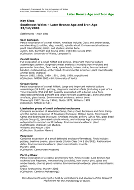 Later Bronze Age and Iron Age Key Sites Southwest Wales