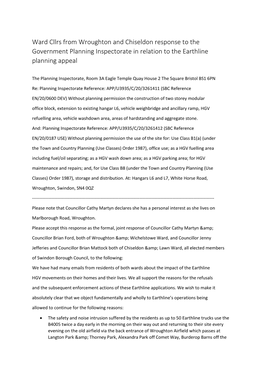 Ward Cllrs from Wroughton and Chiseldon Response to the Government Planning Inspectorate in Relation to the Earthline Planning Appeal