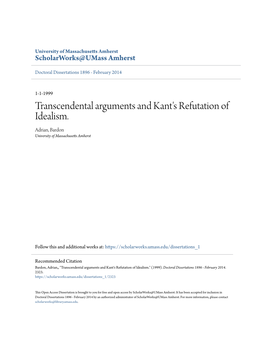 Transcendental Arguments and Kant's Refutation of Idealism. Adrian, Bardon University of Massachusetts Amherst