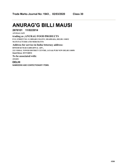 ANURAG'g BILLI MAUSI 2676101 11/02/2014 ANURAG JAIN Trading As ;ANURAG FOOD PRODUCTS P-33, STREET NO