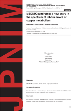 MEDNIK Syndrome: a New Entry in the Spectrum of Inborn Errors of Copper Metabolism