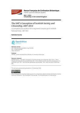 Revue Française De Civilisation Britannique, XXI-1 | 2016 the SNP’S Conception of Scottish Society and Citizenship, 2007-2014 2