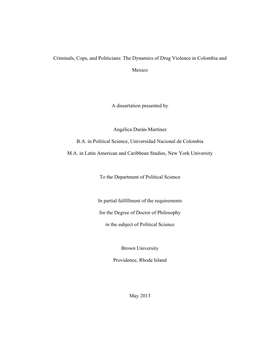 Criminals, Cops, and Politicians: the Dynamics of Drug Violence in Colombia And