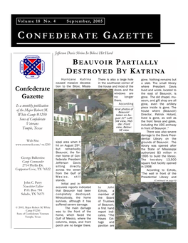 Confederate Gazette Page 3 Commander’S Camp Schedule September 10, 2005 Setemberfest in Cranfils Call Gap, 9:00 AM
