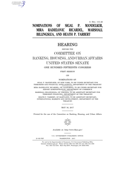 Nominations of Sigal P. Mandelker, Mira Radielovic Ricardel, Marshall Billingslea, and Heath P. Tarbert Hearing Committee On