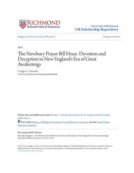 The Newbury Prayer Bill Hoax Devotion and Deception in New England’S Era of Great Awakenings Douglas L