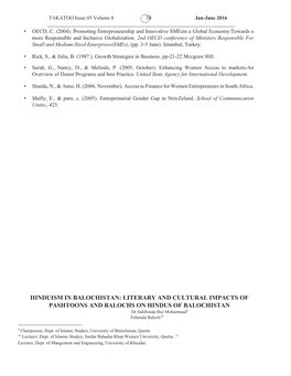 HINDUISM in BALOCHISTAN: LITERARY and CULTURAL IMPACTS of PASHTOONS and BALOCHS on HINDUS of BALOCHISTAN Dr.Sahibzada Baz Mohammad 9 Fehmida Baloch 10