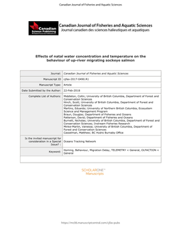 Effects of Natal Water Concentration and Temperature on the Behaviour of Up-River Migrating Sockeye Salmon