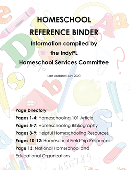 HOMESCHOOL REFERENCE BINDER Information Compiled by the Indypl Homeschool Services Committee