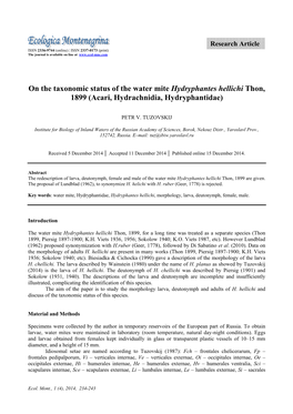 On the Taxonomic Status of the Water Mite Hydryphantes Hellichi Thon, 1899 (Acari, Hydrachnidia, Hydryphantidae)