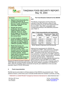 TANZANIA FOOD SECURITY REPORT: May 16, 2003