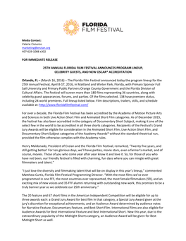 For Immediate Release 25Th Annual Florida Film Festival