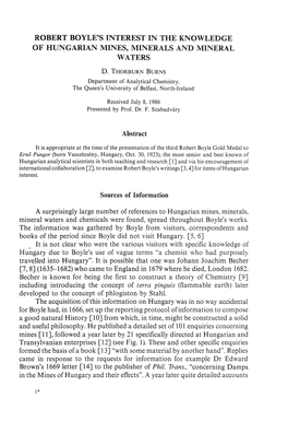 Robert Boyle's Interest in the Knowledge of Hungarian Mines, Minerals and Mineral Waters