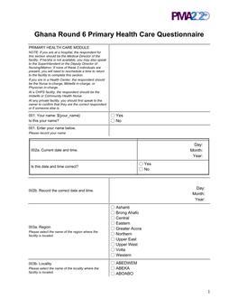 Ghana Round 6 Primary Health Care Questionnaire