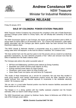 Sale of Colongra Power Station Finalised