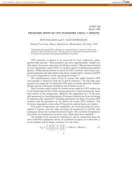 IUHET 340 August 1996 PROPOSED TESTS of CPT SYMMETRY USING D MESONS