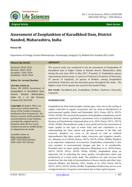 Assessment of Zooplankton of Karadkhed Dam, District Nanded, Maharashtra, India