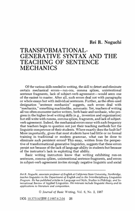 Rei R. Noguchi TRANSFORMATIONAL­ GENERATIVE SYNTAX and the TEACHING of SENTENCE MECHANICS