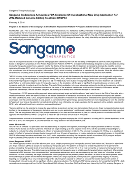 Sangamo Biosciences Announces FDA Clearance of Investigational New Drug Application for ZFN-Mediated Genome Editing Treatment of MPS I