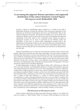 A Cat Among the Pigeons! Known Specimens and Supposed Distribution of the Extinct Solomons Crested Pigeon Microgoura Meeki Rothschild, 1904