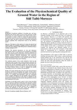 The Evaluation of the Physicochemical Quality of Ground Water in the Region of Sidi Taibi-Morocco