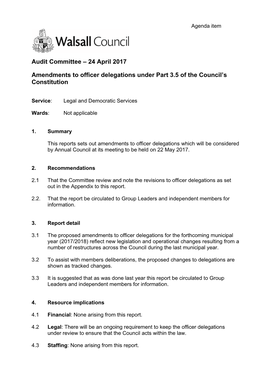 24 April 2017 Amendments to Officer Delegations Under