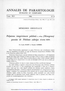 Polystoma Integerrimum Pelobatis N. Subsp. (Monogenea) Parasite De Pelobates Cultripes (Cuvier 1829)