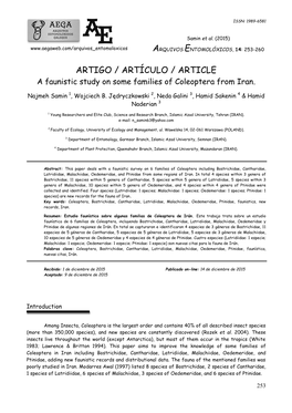 ARTIGO / ARTÍCULO / ARTICLE a Faunistic Study on Some Families of Coleoptera from Iran