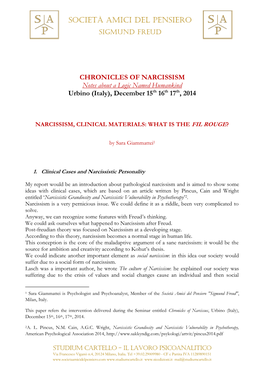 CHRONICLES of NARCISSISM Notes About a Logic Named Humankind Urbino (Italy), December 15Th 16Th 17Th, 2014