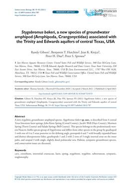 Stygobromus Bakeri, a New Species of Groundwater Amphipod (Amphipoda, Crangonyctidae) Associated with the Trinity and Edwards Aquifers of Central Texas, USA