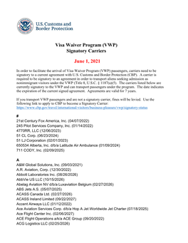 Signatory Visa Waiver Program (VWP) Carriers