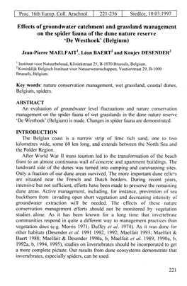 Effects of Groundwater Catchment and Grassland Management on the Spider Fauna of the Dune Nature Reserve 'De Westhoek' (Belgium)