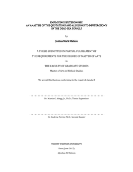 Employing Deuteronomy: an Analysis of the Quotations and Allusions to Deuteronomy in the Dead Sea Scrolls