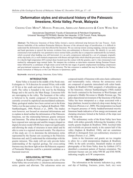 Deformation Styles and Structural History of the Paleozoic Limestone, Kinta Valley, Perak, Malaysia