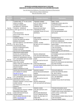 Tour De Garde Des Médecins, Chirurgiens-Dentistes Et Pharmaciens Daira D'arzew, Gdyel Et Bethioua Mois De Décembre 2014. Mo