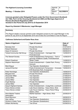 Licences Granted Under Delegated Powers