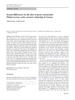 Sexual Differences in the Diet of Great Cormorants Phalacrocorax Carbo Sinensis Wintering in Greece