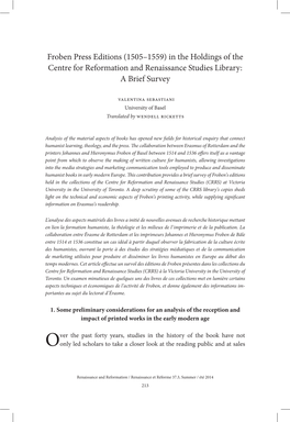Froben Press Editions (1505–1559) in the Holdings of the Centre for Reformation and Renaissance Studies Library: a Brief Survey