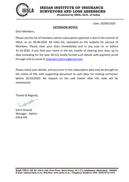 Date: 30/09/2020 EXTENSION NOTICE Dear Members