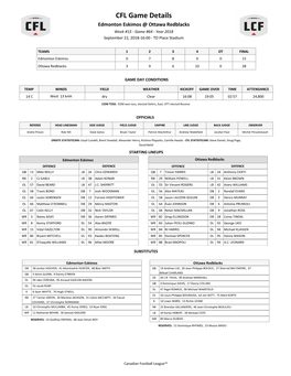 CFL Game Details Edmonton Eskimos @ Ottawa Redblacks Week #15 - Game #64 - Year 2018 September 22, 2018-16:00 - TD Place Stadium