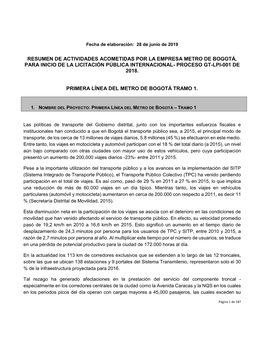 Resumen De Actividades Acometidas Por La Empresa Metro De Bogotá, Para Inicio De La Licitación Pública Internacional- Proceso Gt-Lpi-001 De 2018